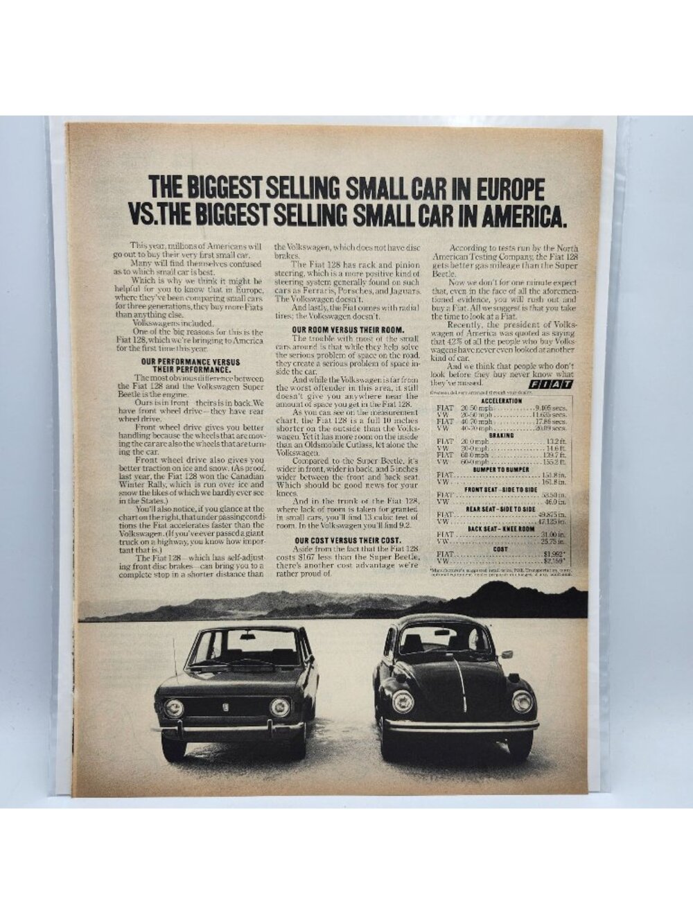 1968 Fiat 128 Europe vs Volkswagen Beetle America LIFE Magazine Print Ad